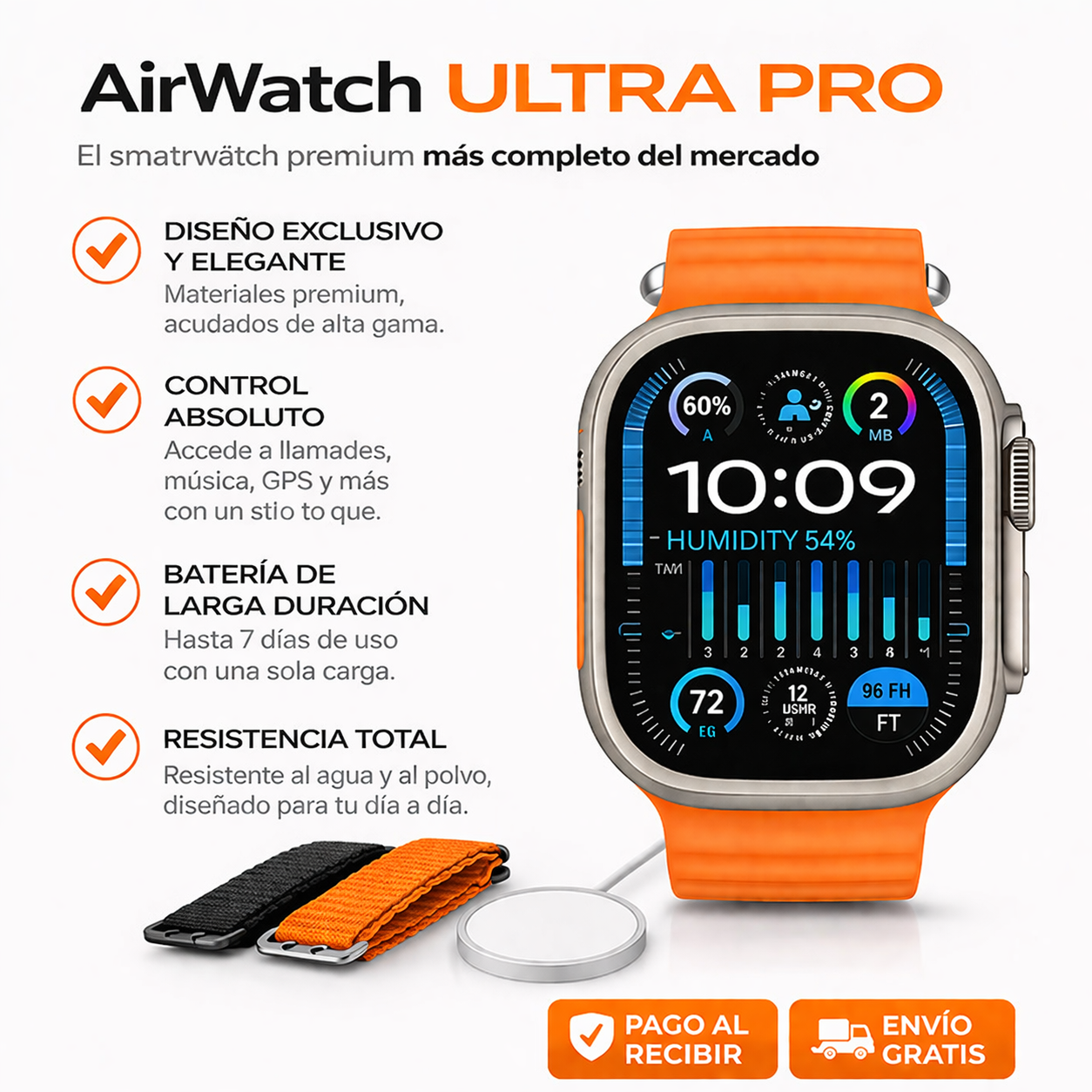 SmartWatch ULTRA PRO con 2 correas incluidas + caja y cargador por inducción premium